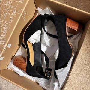 Soludos Gemma Black Suede ankle strap heel